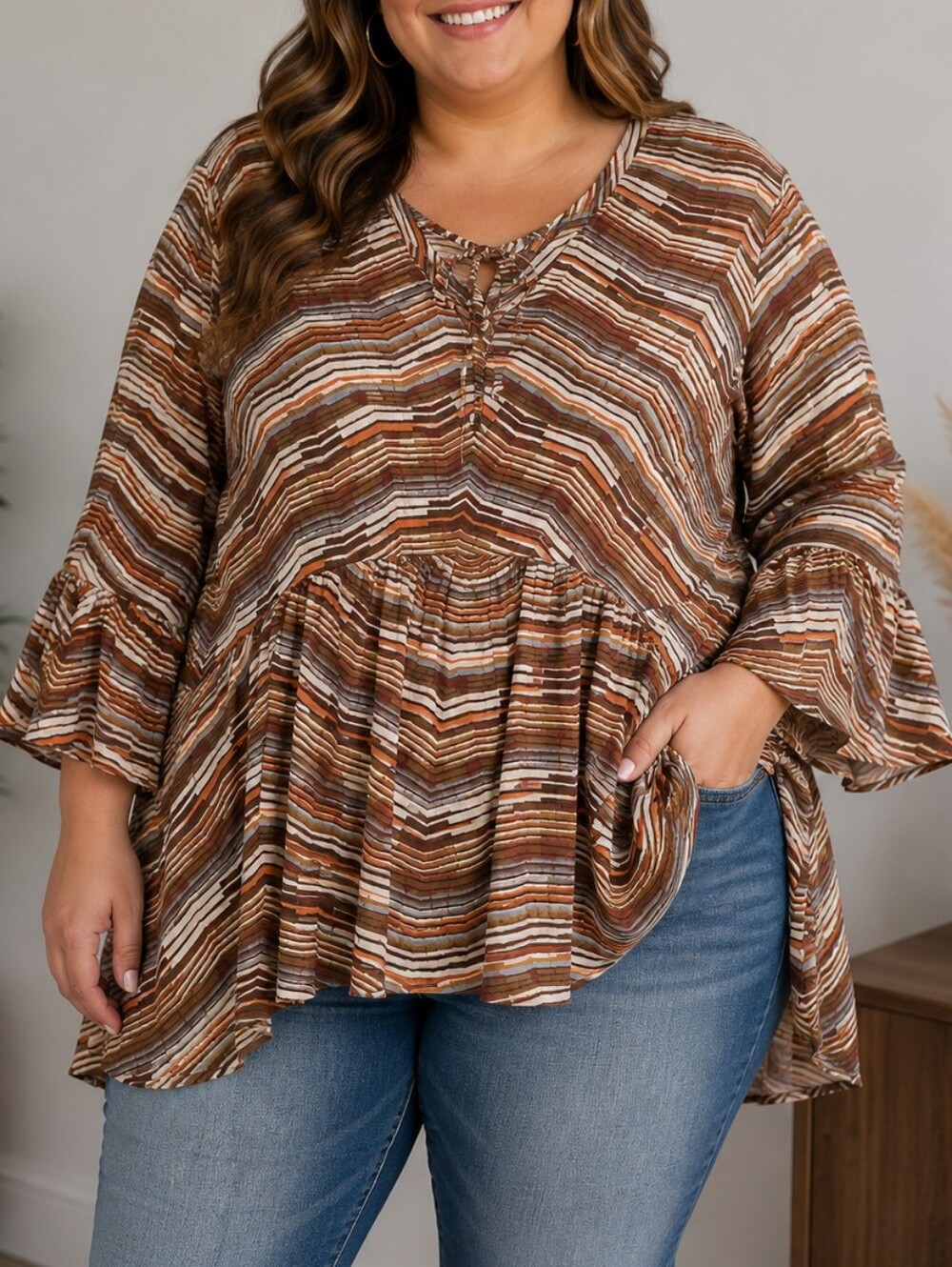Plus Size Brown Striped Peplum Tie-Neck Top